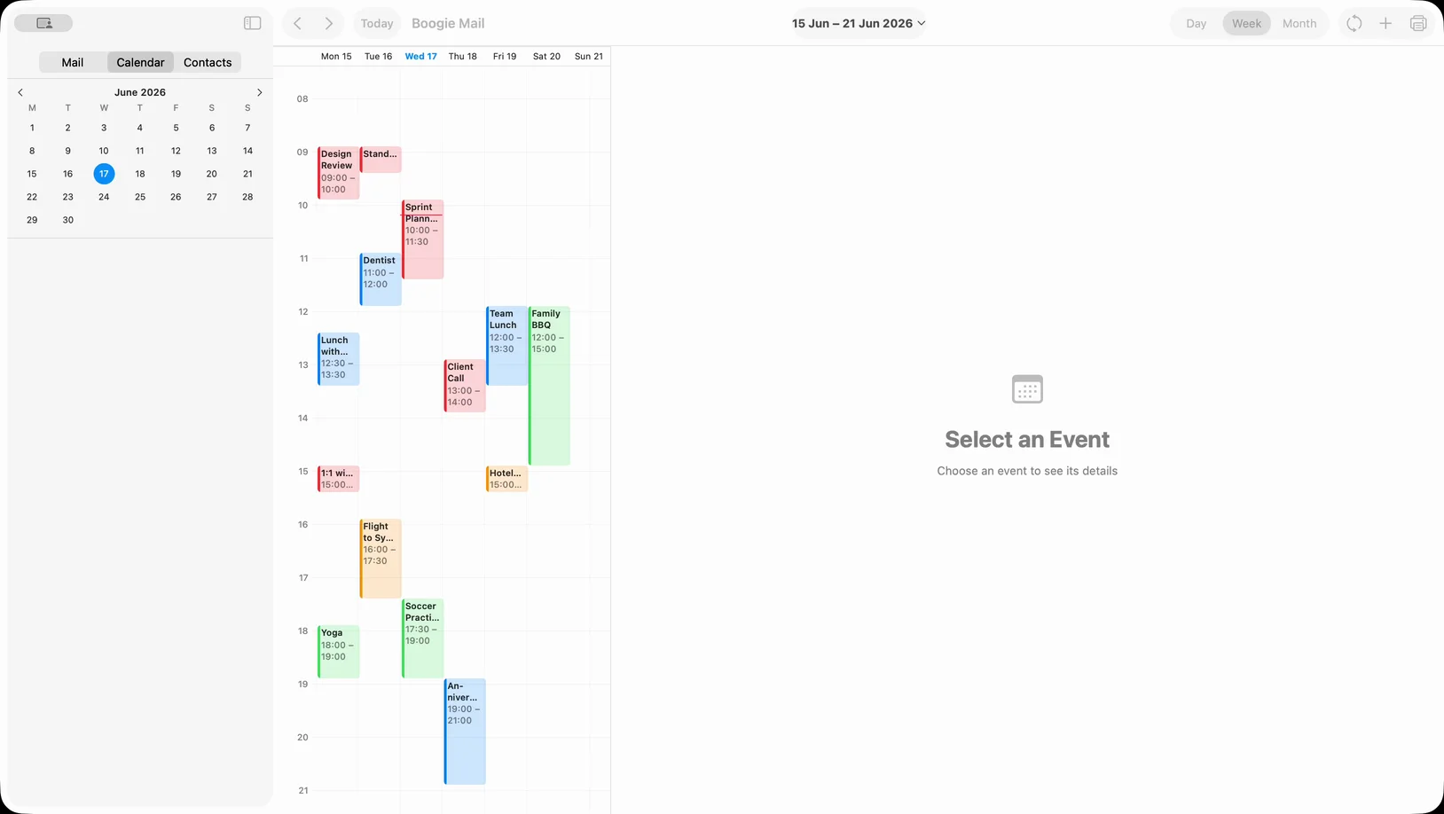 Boogie Calendar — week view with events