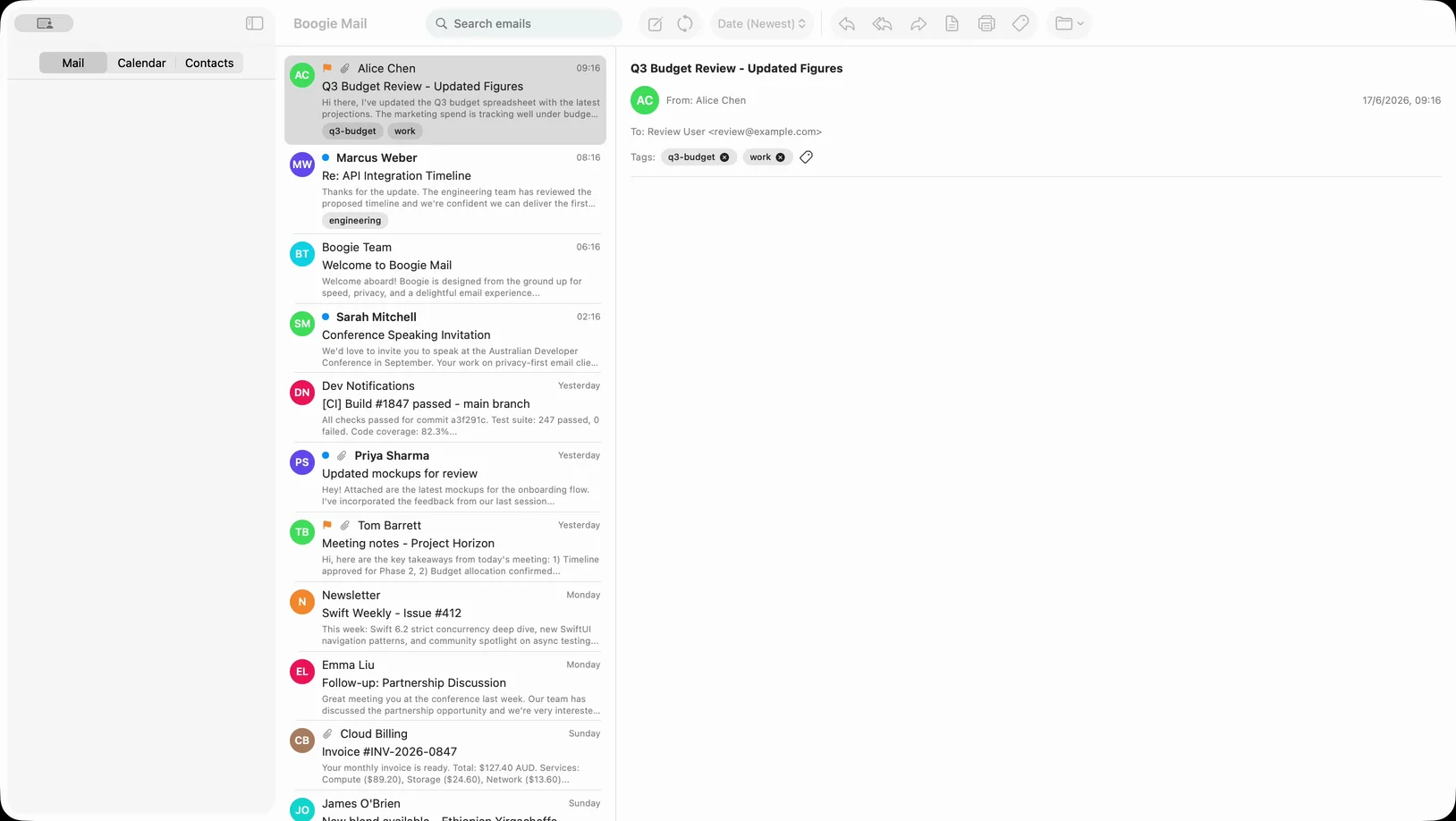 Boogie Mail — native three-pane macOS inbox with reading pane